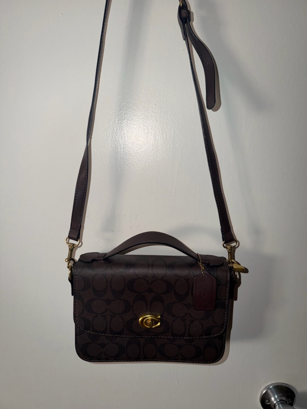 Coach Brown Signature Canvas Crossbody Satchel with Gold Hardware